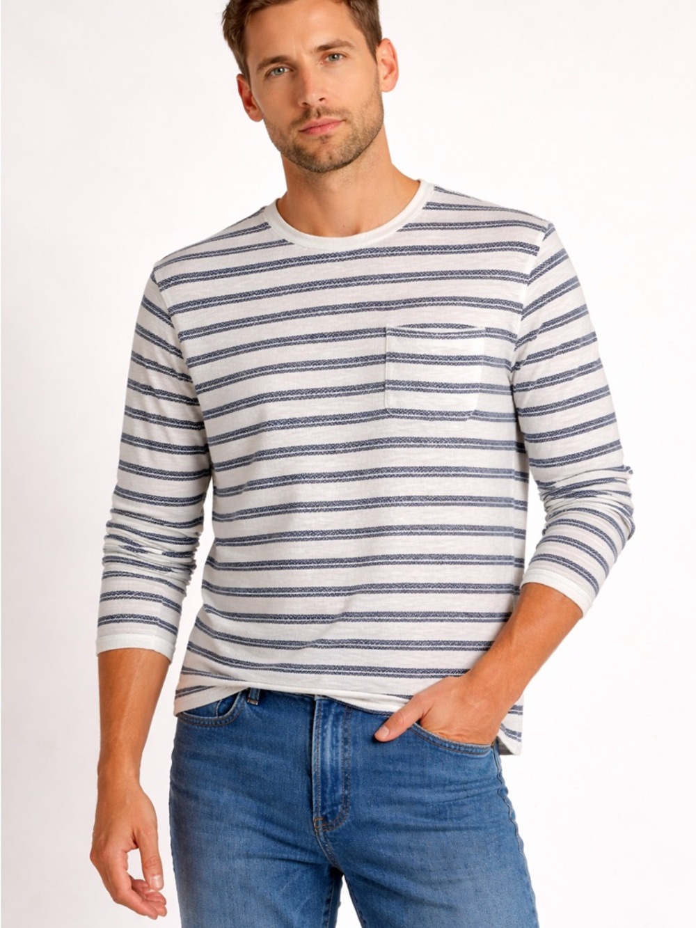 Vince White & Navy Striped Long-Sleeve Pocket Tee